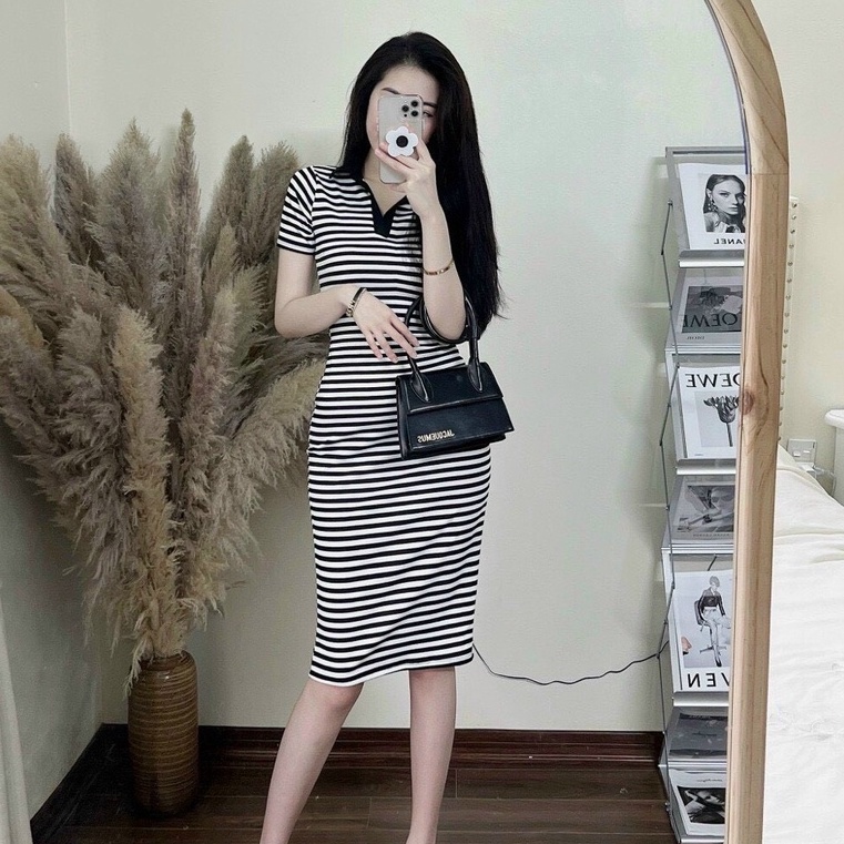Đầm cổ trụ tay ngắn ôm body viền đen phố màu sọc ngang cực hot , chất thun gân mềm mịn alohashop91