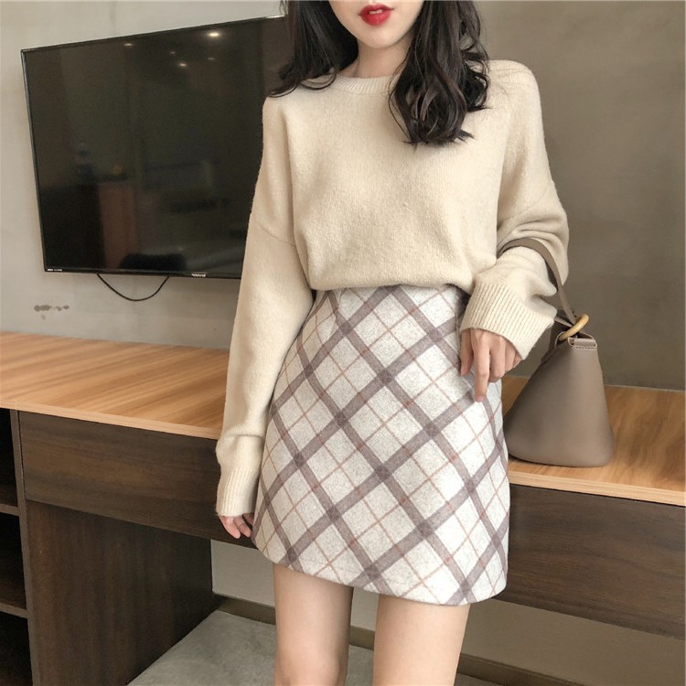 [ORDER] Set áo len mix  chân váy dạ ngắn dáng A kẻ sọc Hàn Quốc ( Video tự quay & Ảnh thật ) - NDP Clothing