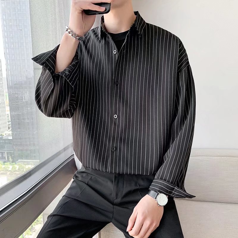Long Sleeve Shirt Loose Black Plaid Pattern Korean Style Luxury Summer Fashion For Men