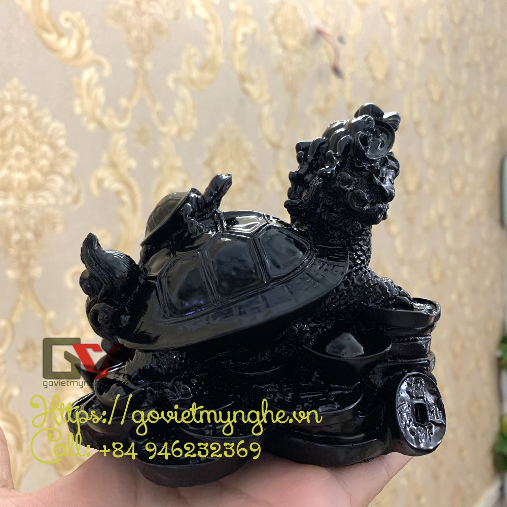 Tượng đá long quy _ Rùa đầu rồng trang trí phong thủy - Long quy cõng rùa con - Cao 10cm - Màu Đen Tuyền