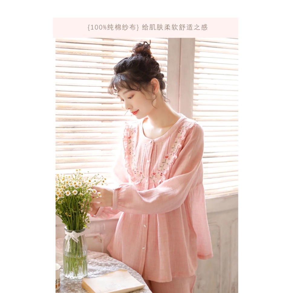 [Order-Có ảnh thật] Bộ đồ ngủ nữ mặc nhà hoạ tiết thêu tay chất xô muslin cao cấp | BigBuy360 - bigbuy360.vn