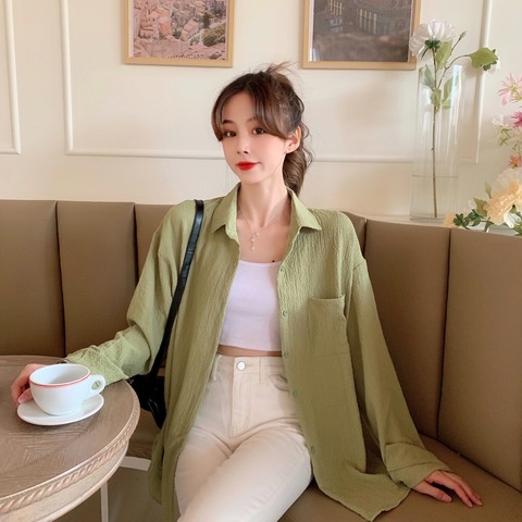 SUXI Áo Sơ Mi Tay Dài Dáng Rộng Màu Sắc Đơn Giản Dễ Phối Đồ