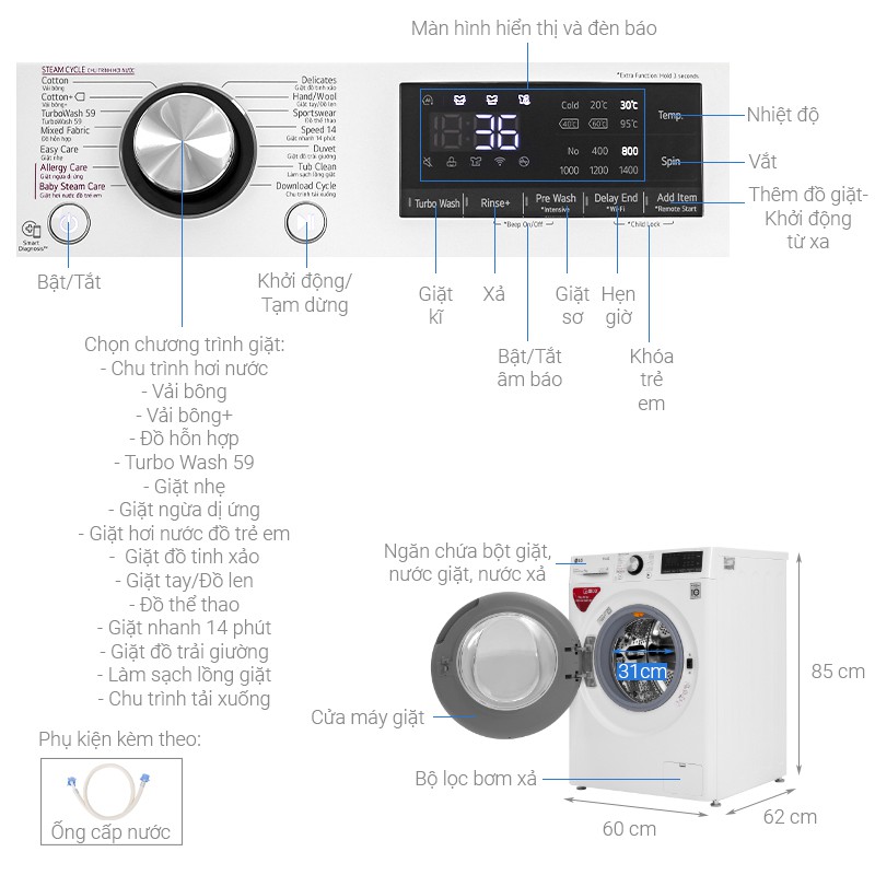 Máy giặt LG lồng ngang 9 kg ( trắng ) FV1409S2W