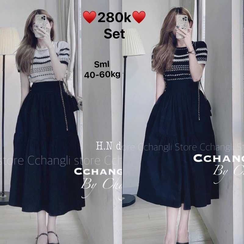 Set áo len kẻ sọc mix chân váy tầng QCCC cho nữ