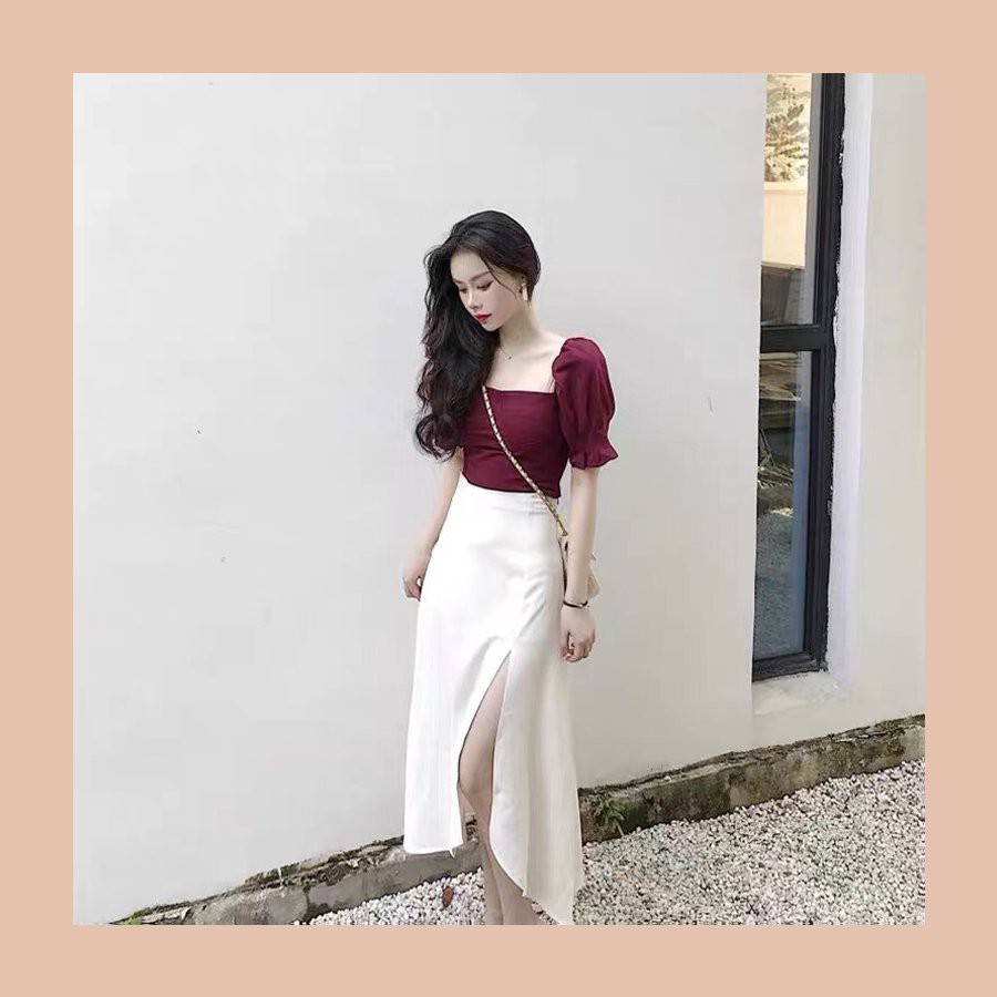 Set áo tay bồng cổ vuông dáng lửng màu đỏ mix chân váy / đầm trắng xẻ tà dáng dài xinh xắn V00128
