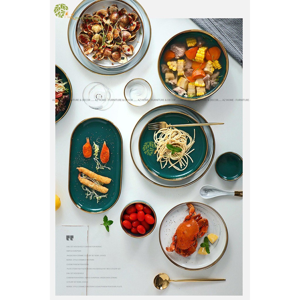 Bộ bát đĩa lẻ sứ xanh viền vàng - Gốm sứ cao cấp