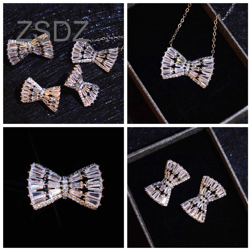Bông Tai / Nhẫn / Vòng cổ Bạc 925 Hình Nơ Đính Đá Zircon Lấp Lánh Thời Trang Cho Nữ