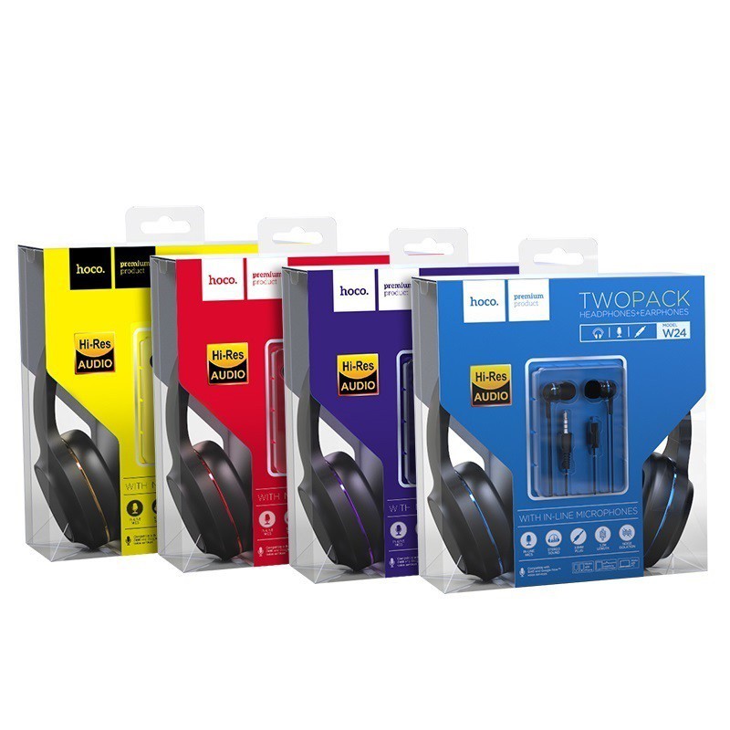 Bộ 2 tai nghe có dây Hoco W24 chụp tai và nhét tai Enlighten 3.5âm thanh cực hay