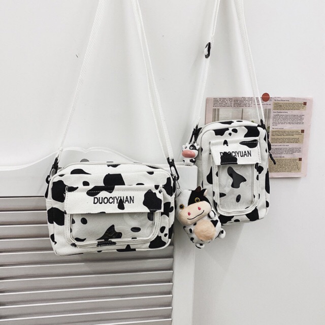 Túi bò sữa phối trong suốt ngang dọc siêu xinh(có sẵn không kèm phụ kiện, móc khoá)