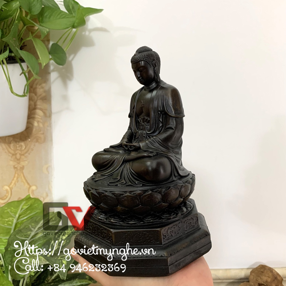 Tượng phật A Di Đà ngồi thiền trên tòa sen có chân đế - Chiều cao 20cm - Màu nâu đen - Đá Composite