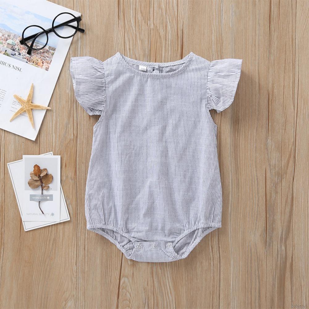[babytoys] Baby Girl Summer Thin Striped Jumpsuit Infat Triangle Round Collar Flying Sleeve Romper Toddler Bodysuit 0-18M
