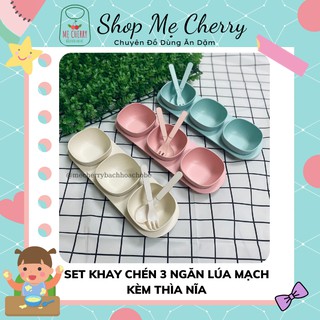 Set khay chén 3 ngăn sợi tre kèm thìa nĩa cho bé ăn dặm kiểu nhật kết hợp BLW