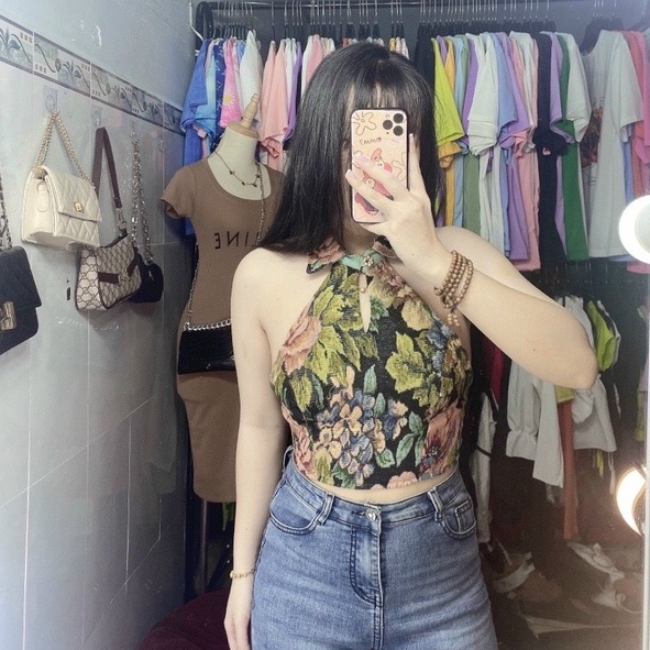Áo kiểu yếm thổ cẩm sát nách cài nút cổ hở lưng đan dây cực xinh , chất thổ cẩm mềm mịn ( ảnh thật )