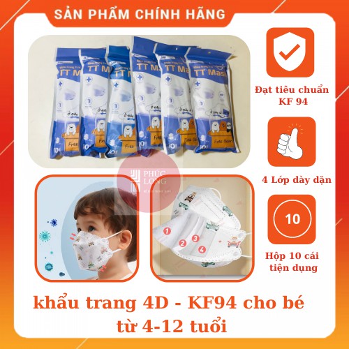 Khẩu Trang Trẻ Em 4D KF94 ,Hộp10 chiếc, size 4-12 tuổi , kháng khuẩn, chống tia UV để bảo vệ làn da bé - longdaiphuoc