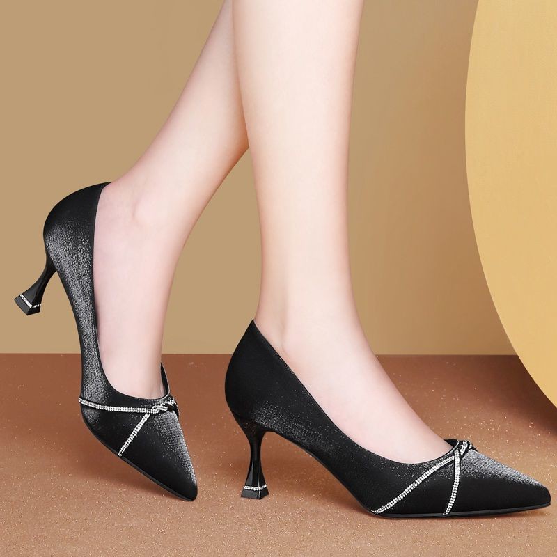 ﹉✈✵Spring and autumn new style rhinestone satin pointed red high heels women s shallow stiletto party dress single shoes