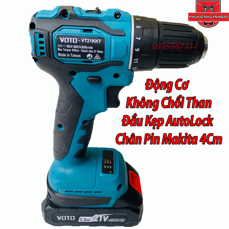 Máy Khoan Pin 21V VOTO Động Cơ Không Chổi Than Đầu Kẹp Autolock Chân Pin Makita