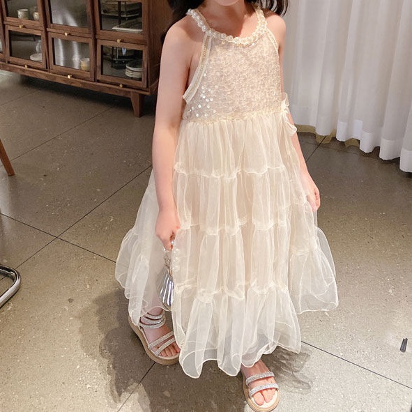 Đầm Công Chúa Không Tay Phối Lưới Xinh Xắn Theo Phong Cách Mùa Hè Dành Cho Bé Gái