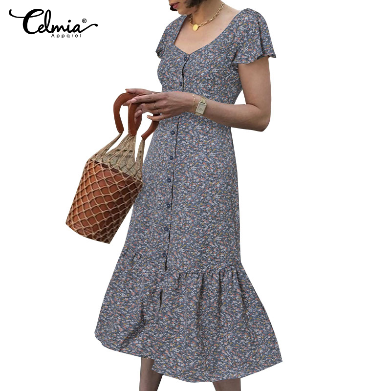 Đầm Maxi Celmia Ngắn Tay Họa Tiết Hoa Thời Trang Cho Nữ