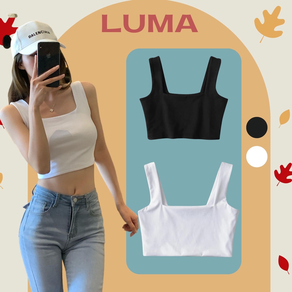 Áo thun croptop cổ vuông may 2 lớp vải cotton , 2 dây quai to dáng lửng ôm body LUMA 032