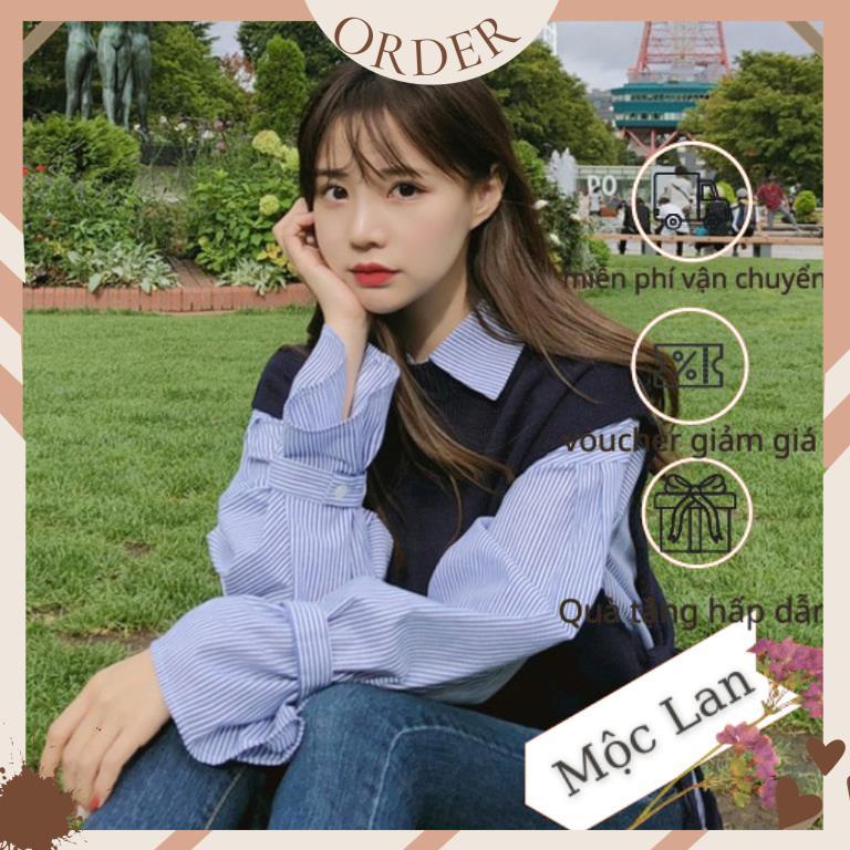 (MộcLan ORDER) Set áo len gile buộc dây + Áo sơ mi nữ dài tay cổ bẻ kẻ sọc xanh style Hàn Quốc thanh lịch
