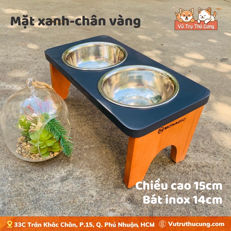 Bát ăn đôi cho Chó Mèo chống gù lưng, kèm 2 bát ăn inox, bát ăn gỗ tự nhiên