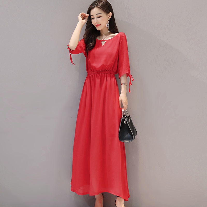 IELGY Đầm Chiffon Dáng Rộng Tay Ngắn Màu Trơn Xẻ Tà Thời Trang Cho Nữ