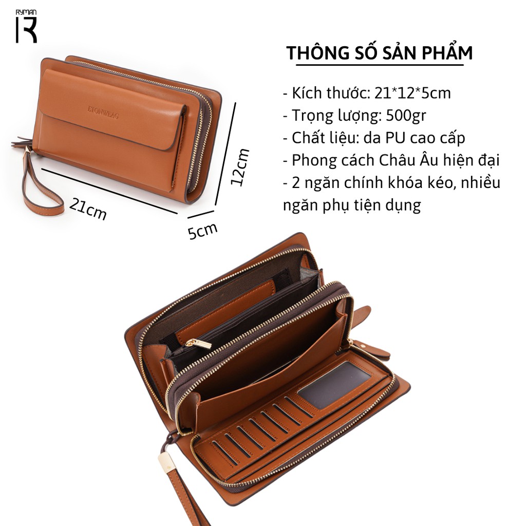 Clutch cầm tay nam ETONWEAG hàng hiệu, phong cách Âu Mỹ da PU khóa kéo cao cấp, ví dài đa năng đựng điện thoại, thẻ ATM