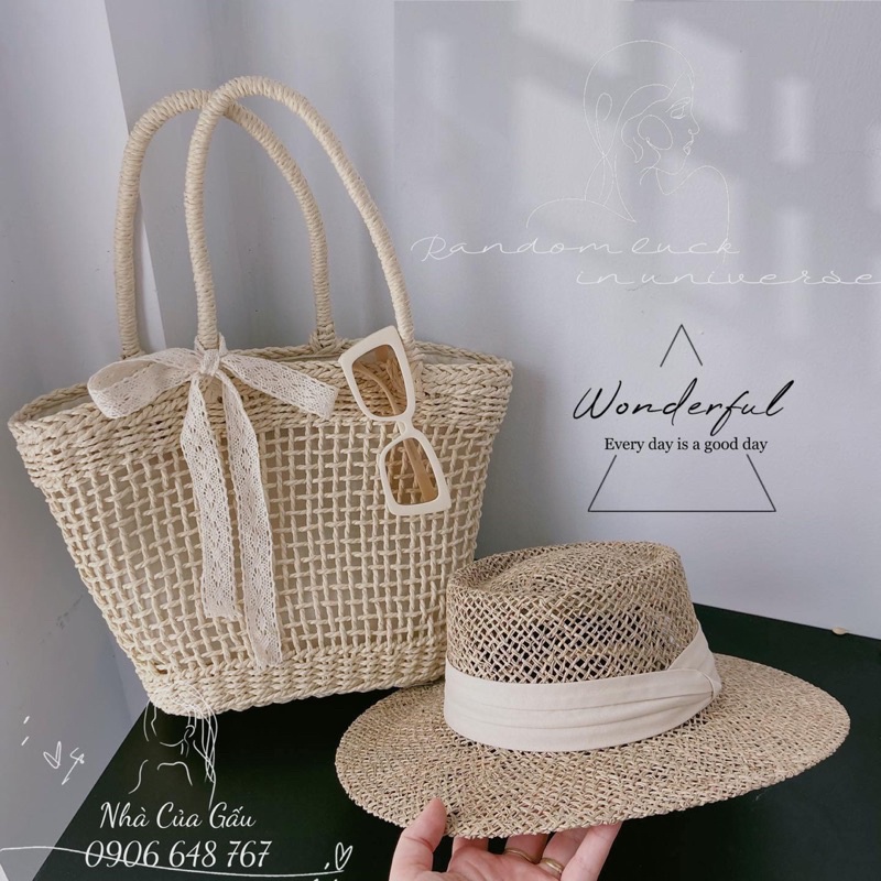 Set nón cói, túi cói cao cấp cực đẹp