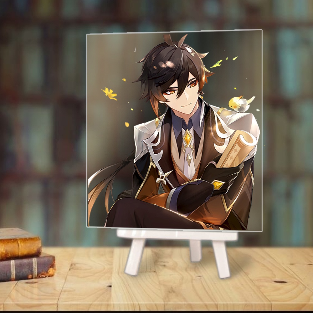 Tranh kính game GENSHIN IMPACT anime chibi acrylic mica trong trưng bày trang trí giá gỗ