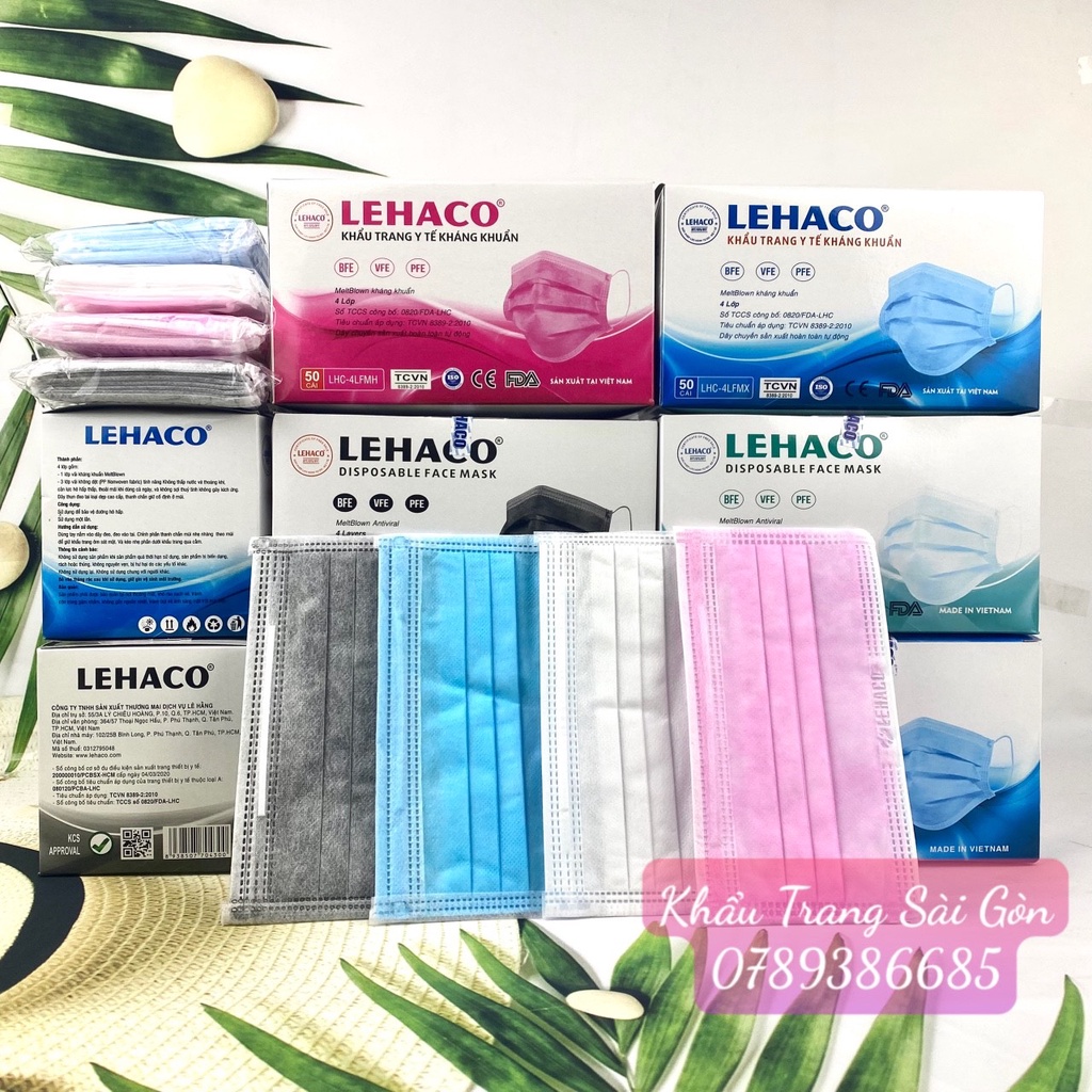 Khẩu trang Lehaco 4 Lớp màu TRẮNG, HỒNG, XANH, XÁM kháng khuẩn 50 cái / hộp - Khẩu trang y tế kháng khuẩn LEHACO 4 lớp