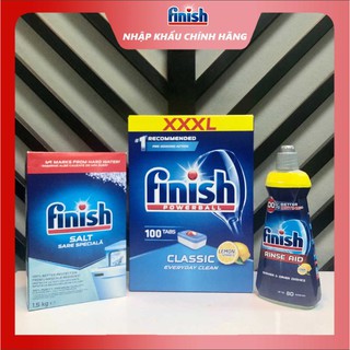 Combo viên rửa bát Finish Classic 100 viên + muối 1.5 kg + nước làm bóng 400ml - nhập khẩu EU, an toàn, sạch sâu