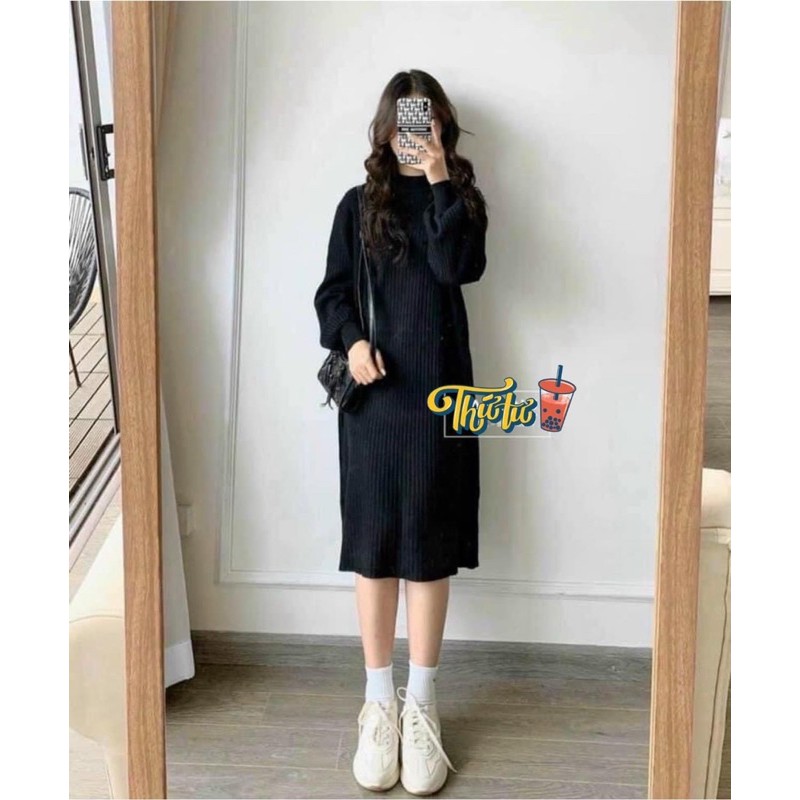 Váy len gân ulzzang dáng xuông cổ cao 3p