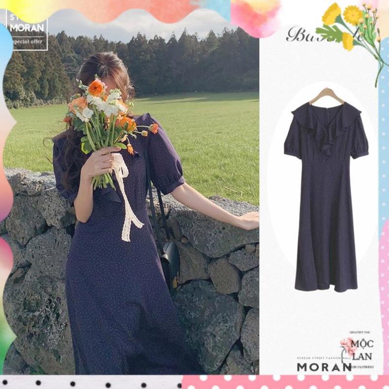 Váy MORAN chấm bi cổ V phối viền bèo điệu đà thắt nơ eo xòe dài vintage Hàn Quốc