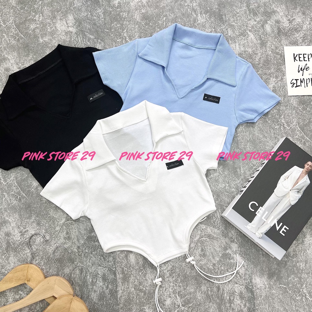 Áo Croptop Cổ Bẻ Tay Ngắn PINKSTORE29 Ôm Body Tag Thêu Ngực Trái A5381