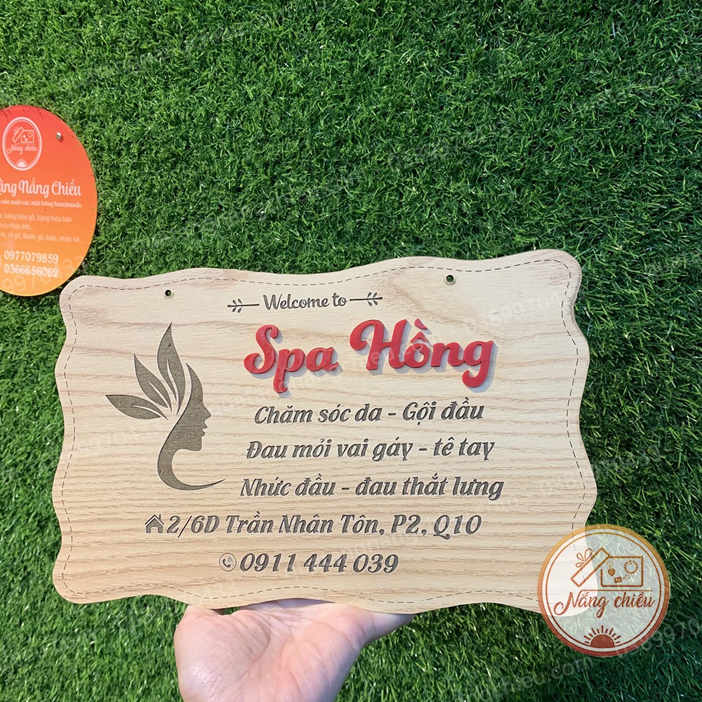 Bảng treo Spa, biển chỉ đường, biển gỗ cho tiệm spa, nail, thẩm mỹ viện, chất liệu gỗ tự nhiên, khắc tia laze