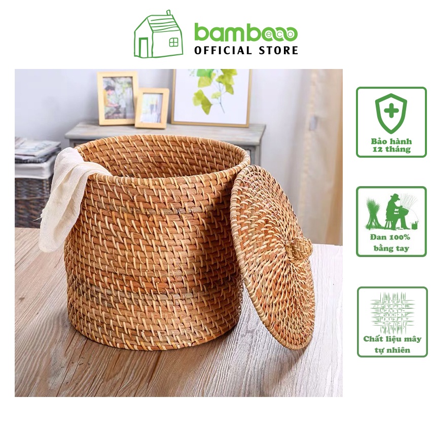 Sọt đựng quần áo mây tre đan BAMBOOO ECO giỏ hình trụ có nắp đựng gạo, cắm hoa trang trí nhà cửa