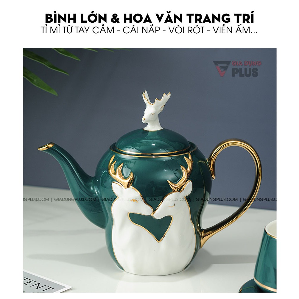 Bộ Ấm Trà Sứ Cặp Đôi Hươu Xanh Ngọc Lục Bảo | Kèm Ly, Kệ &amp; Tách Sang Trọng | Quà Cưới &amp; Quà Tân Gia Ý Nghĩa