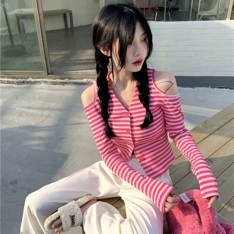 Jiashucheng Áo Dệt Kim Trễ Vai Cổ Chữ V Họa Tiết Kẻ Sọc Thời Trang Hè Thu Phong Cách Mới Cho Nữ