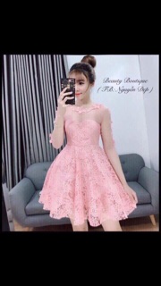Đầm xòe tay phối lưới đính hoa