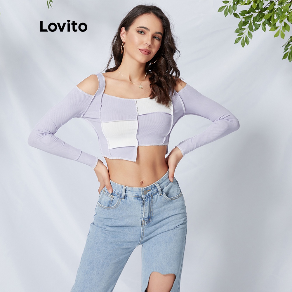  Áo croptop Lovito trễ vai họa tiết kẻ sọc dễ phối đồ L09060 | BigBuy360 - bigbuy360.vn