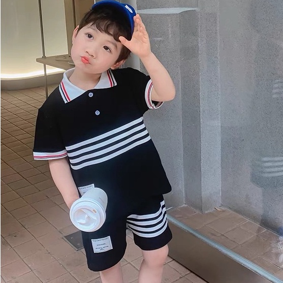 Bộ quần áo bé trai Hàn Quốc, Set Áo Polo và Quần short 4 vạch kẻ ngang công tử cho bé từ 7 đến 18 kg