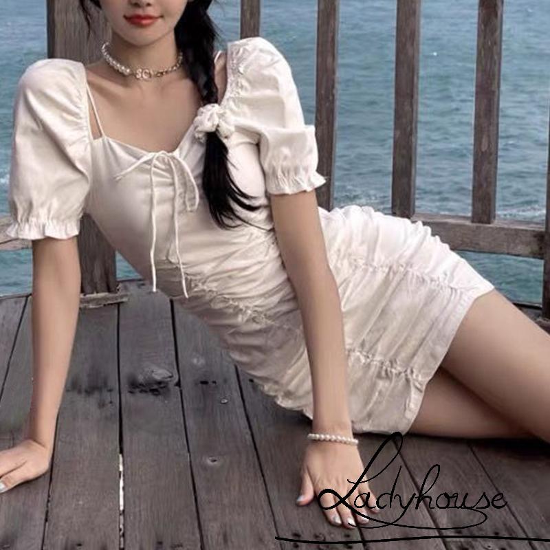 Đầm ngắn tay phồng màu trơn phối dây rút thời trang mùa hè quyến rũ cho nữ