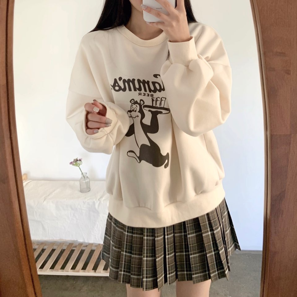 áo sweater nữ nhập khẩu chính hãng tại Hàn Quốc dáng Unisex tay dài form rộng in hình chú chồn cute