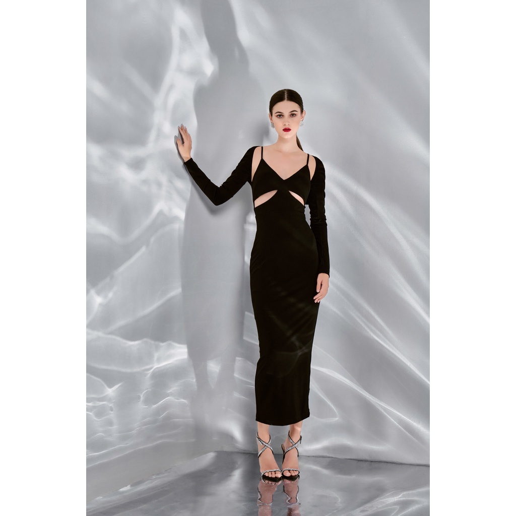 Đầm body dài tay CHOCOO Lillia Bodycon Dress thiết kế vải thun sọc Hàn Quốc cao cấp hở lưng màu đen