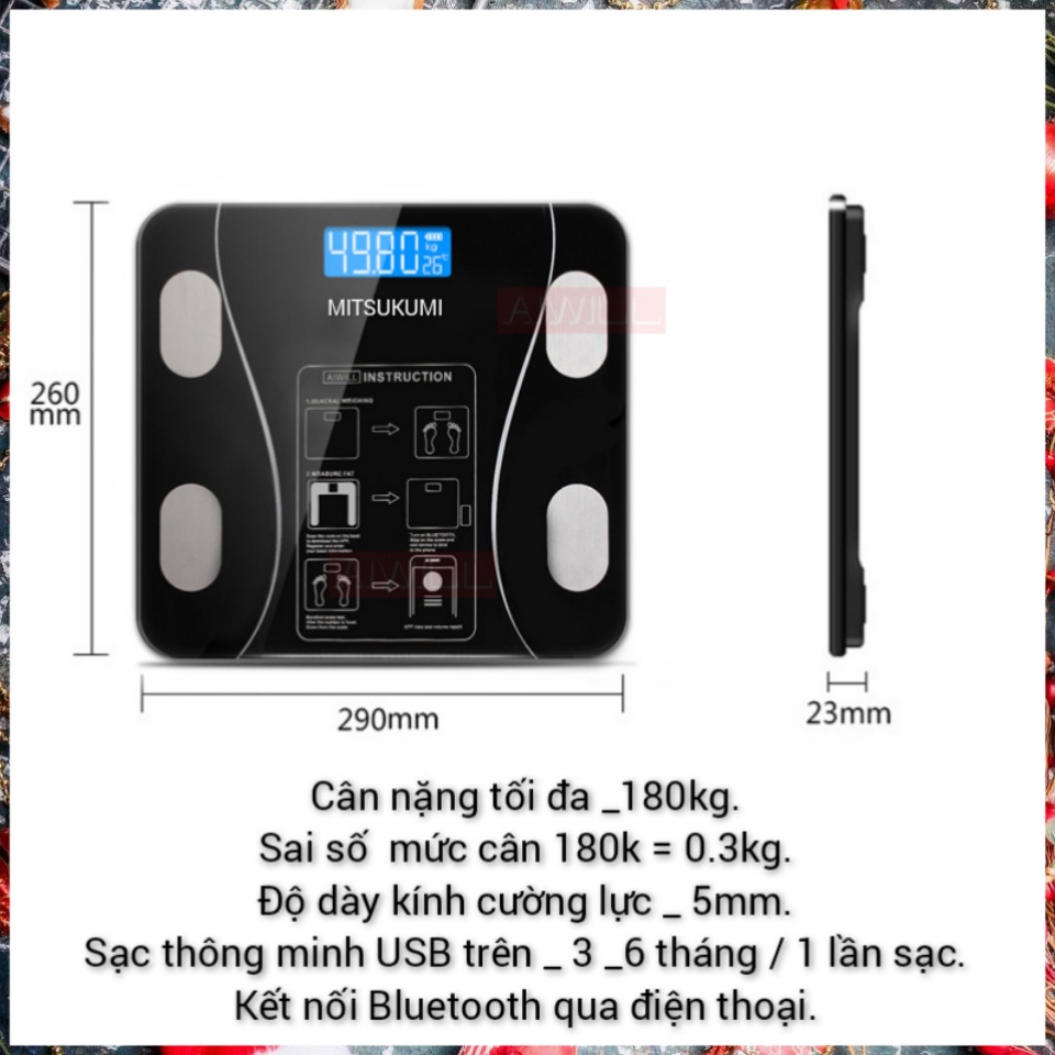 Cân điện tử, cân điện tử mini bluetooth đo lượng mỡ cơ thể, sạc pin dây USB [ bảo hành 12 tháng]