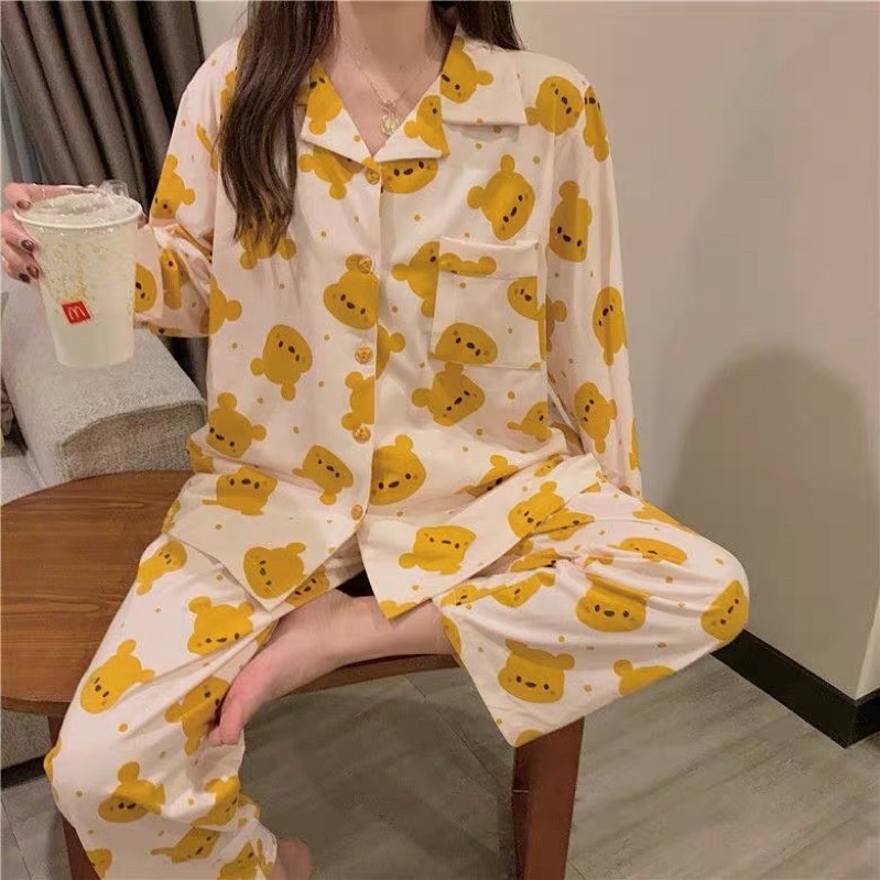 Bộ Đồ Ngủ Pijama Mặc Nhà Nữ Gấu Vàng Form Rộng Dáng Dài