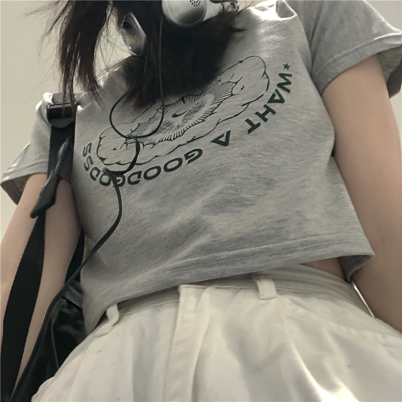 Áo thun croptop cổ tròn phong cách Hàn Quốc đơn giản cho nữ