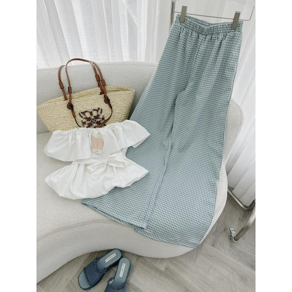 SET ỐNG TRẮNG BÈO THẮT NƠ EO + QUẦN SUÔNG CARO