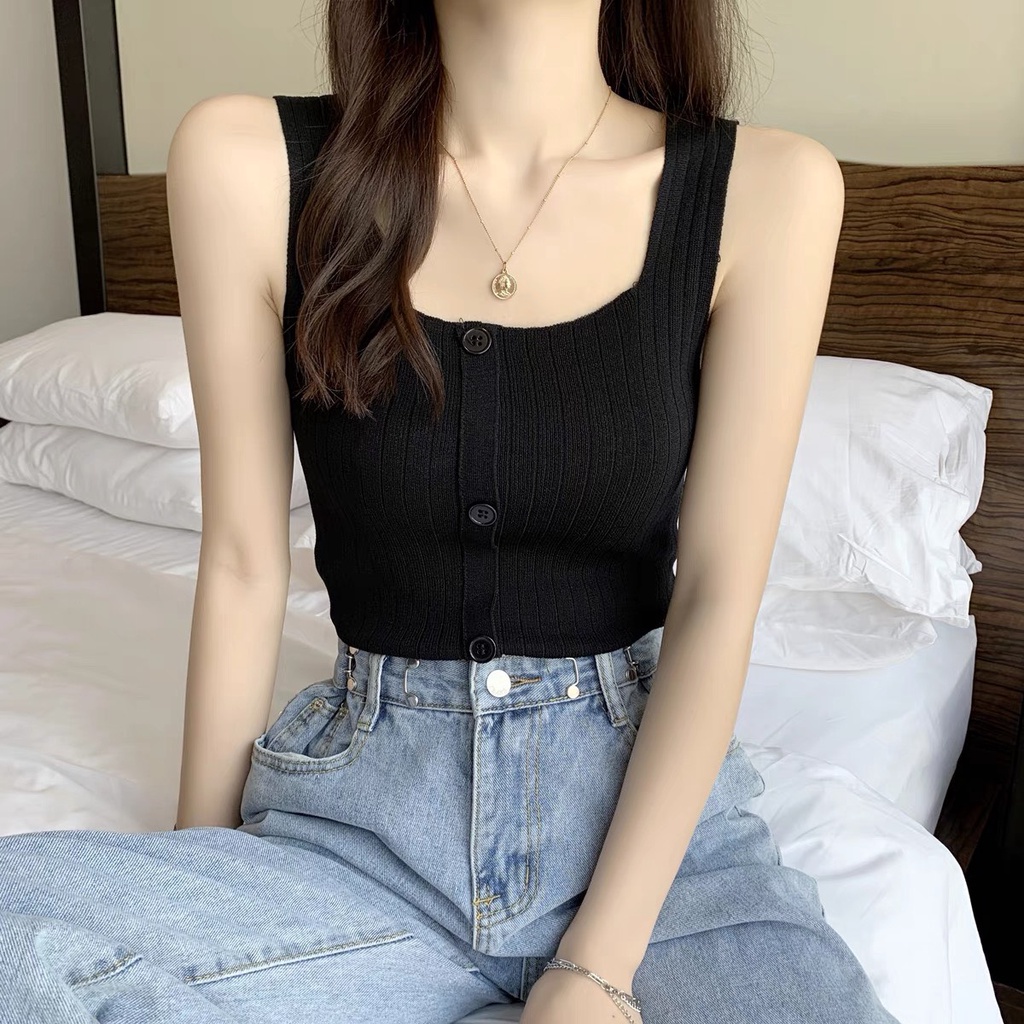 Áo Len Dệt Kim 2 Dây Bản To Cúc Thẳng Phong Cách Thể Thao Nữ Tính