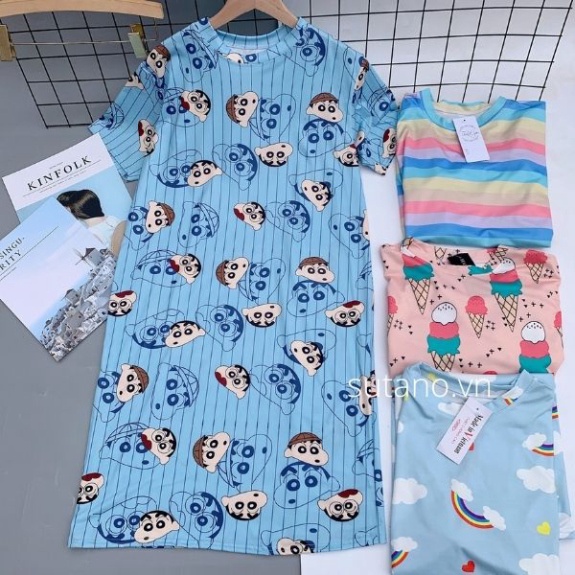 Váy xuông nữ dài cộc tay in hình 3D dễ thương mặc nhà-đi chơi-đi biển chất cotton thoáng mát V587 Nội y xanh